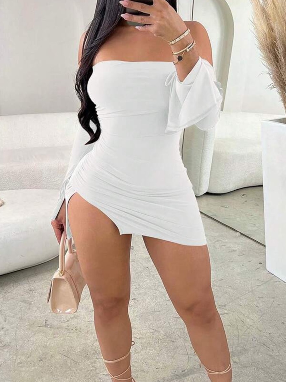 White Off-Shoulder Ruched Mini Dress with Side Slit